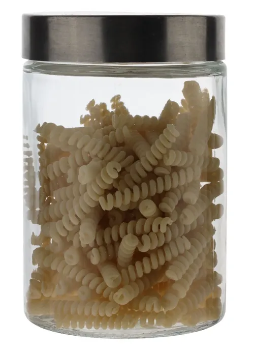 Clear Glass Canister With Silver Lid With Pasta Noodles