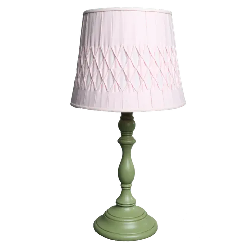 Olive Green Wooden Spindle Table Lamp With Pleated Pink Shade