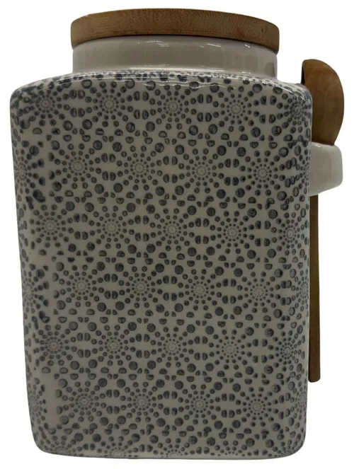 White Ceramic Canister With Blue Geometric Stamp Pattern & Bamboo Spoon