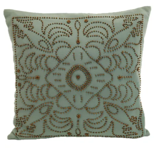 Turquoise & Natural Wood Embroidered Beaded Bohemian Tile Throw Pillow
