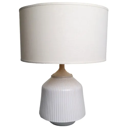 Tapered Vertical Stripe White On Sand Ceramic Table Lamp With Off White Shade