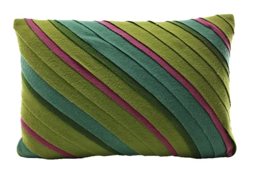 Green Toned & Fuchsia Striped Felt Wool Throw Pillow