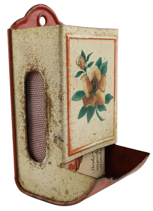 Antique Tin Floral Matchstick Holder