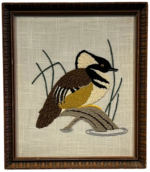 Embroidered Bird In Wood Frame