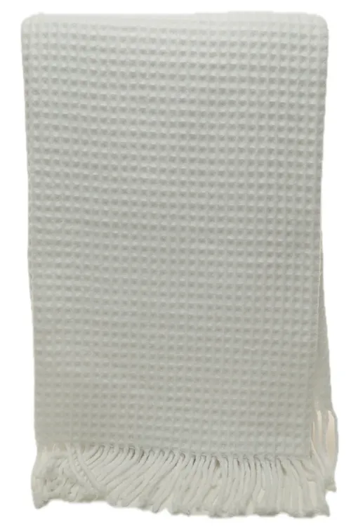 Pure Snow White Waffle Throw Blanket With Fringe Trim