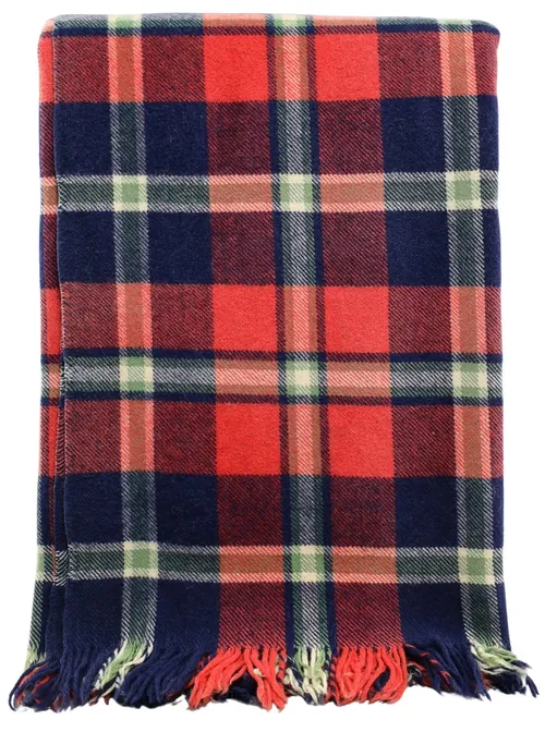 Navy Blue & Red Tartan Wool Blanket With Fringe