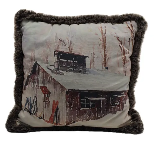 Winter Ski Chalet Throw Pillow With Faux Fur Trim & Blue Back Throw Pillow
