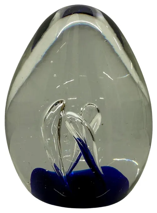 Clear Blow Glass Egg Paperweight With Blue Base