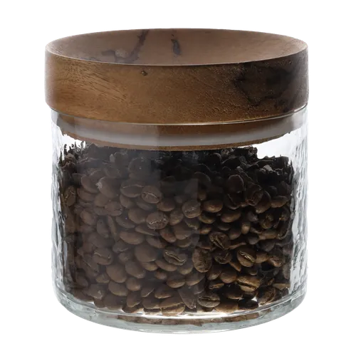 Clear Hammered Glass Canister With Wood Lid Containing Coffee Beans