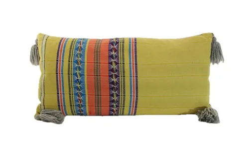 Fiesta Yellow With Multicolour Stripes & Grey Tassels Throw Pillow