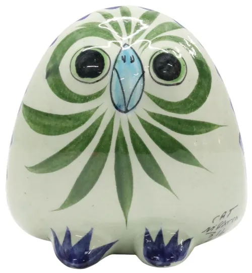 White & Green Tonal Painted Pottery Owl