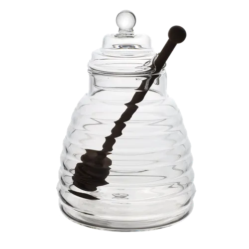 Clear Glass Ribbed Beehive Honey Pot With Wood Dipper Stick