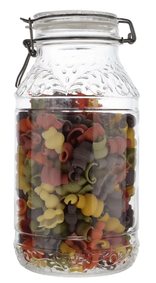 Clear Floral Glass Canister With Clamping Lid Containing Colourful Pasta