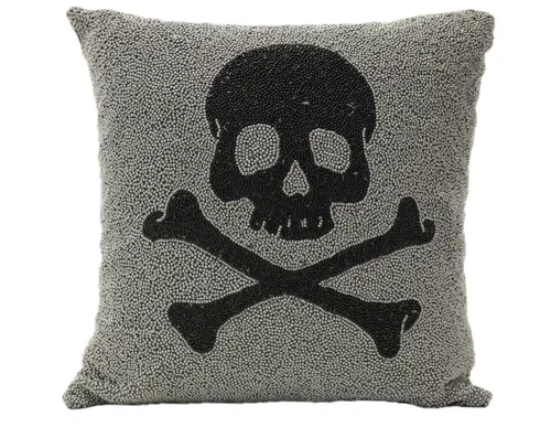 Silver & Black Seed Bead Skull & Crossbones Throw Pillow