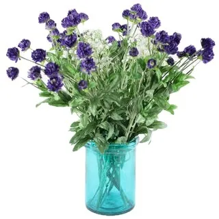 Turquoise Glass Cylinder Vase with Artificial Purple Flowers