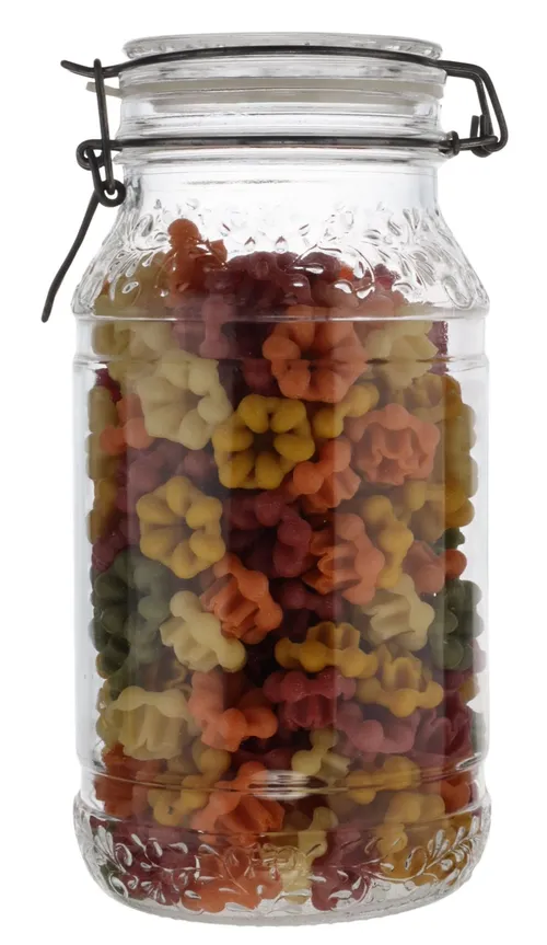 Clear Floral Glass Canister With Clamping Lid Containing Pasta