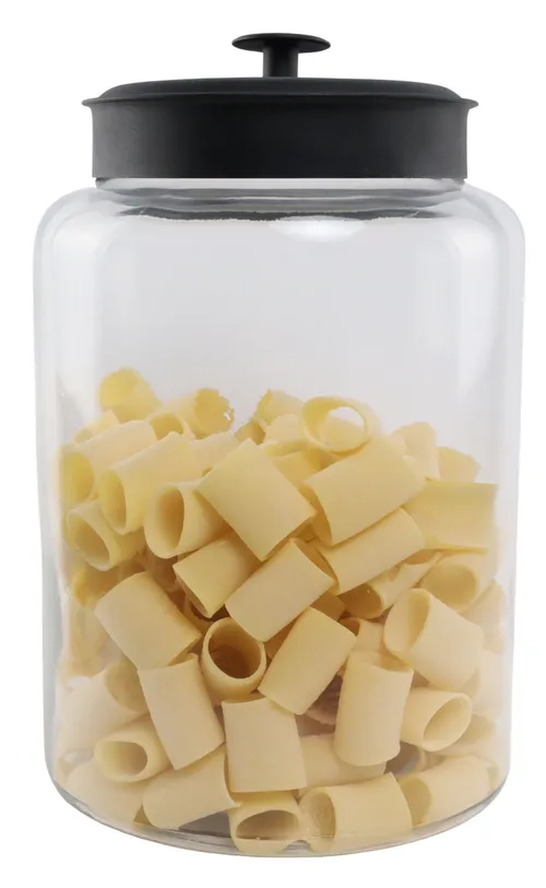 Clear Glass Canister With Black Lid Containing Large Pasta Noodles