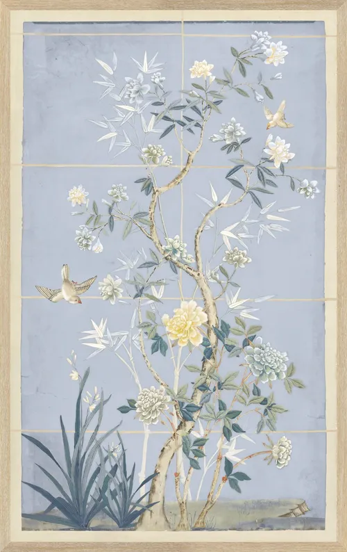 Blue Scenic Birds On Paper With Wood Frame