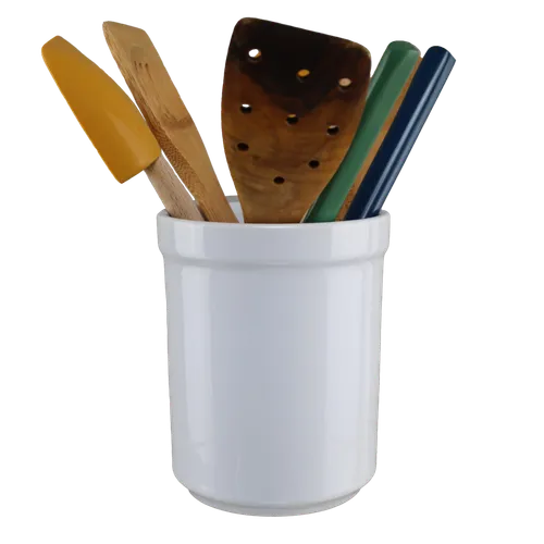 White Utensil Holder With 7 Utensils