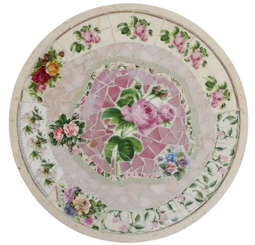 Round White Wood & Floral Tile Trivet