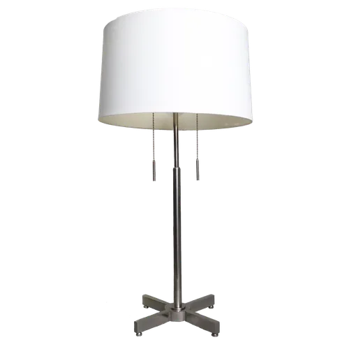 X Base Chrome Stem Table Lamp With Double Pull Cords & Beige Shade
