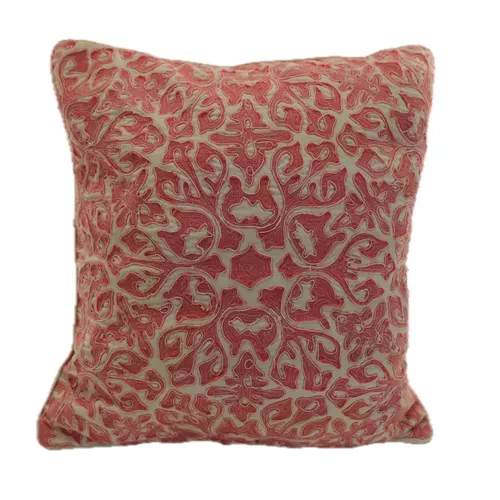 Cream & Pink Coral Fabric Embroidered Throw Pillow