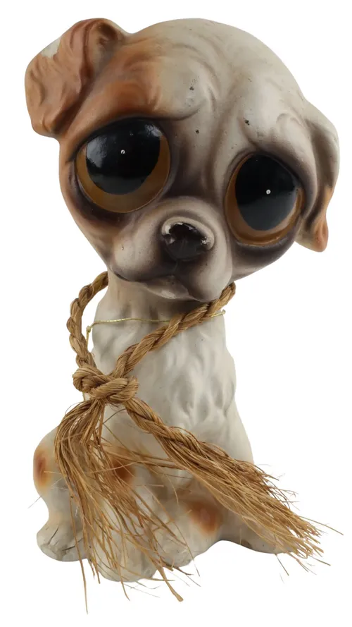 Vintage Brown Ceramic Big Eyed Dog With Rope Collar