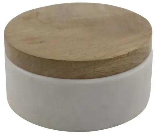Round White Marble Box With Wood Lid