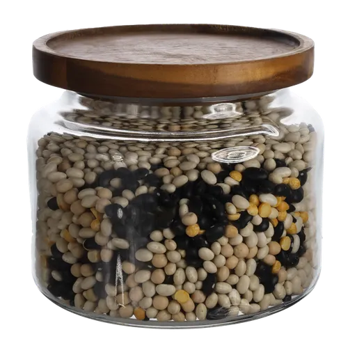 Clear Glass Canister With Walnut Lid Containing Beans