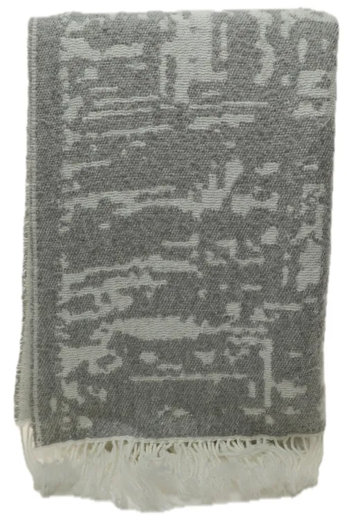 White & Grey Abstract Throw Blanket With Fringe Trim