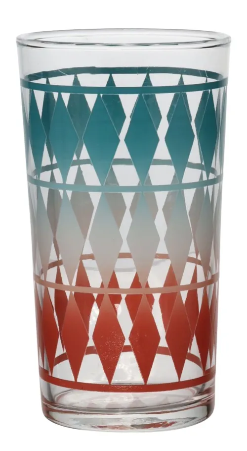 Clear Drinking Glass With Turquoise & White & Coral Diamond Pattern