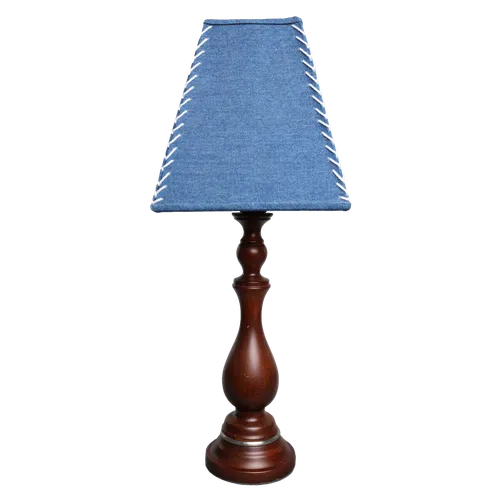 Dark Stain Lathe Table Lamp With Blue Denim & White Laces Shade