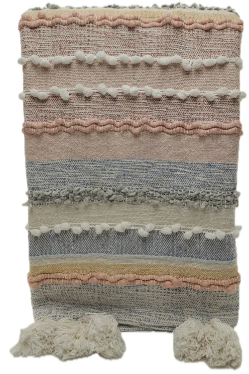Pale Pink & Blue & Grey Nubbly Throw Blanket With Pom Moms & Tassel Trim