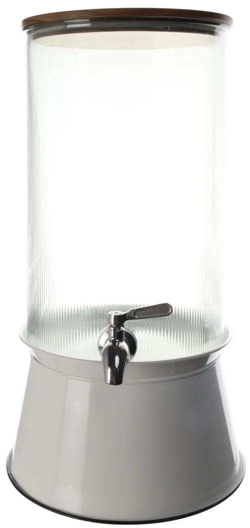 Clear Ribbed Beverage Dispenser With Wood Lid On White Metal Stand