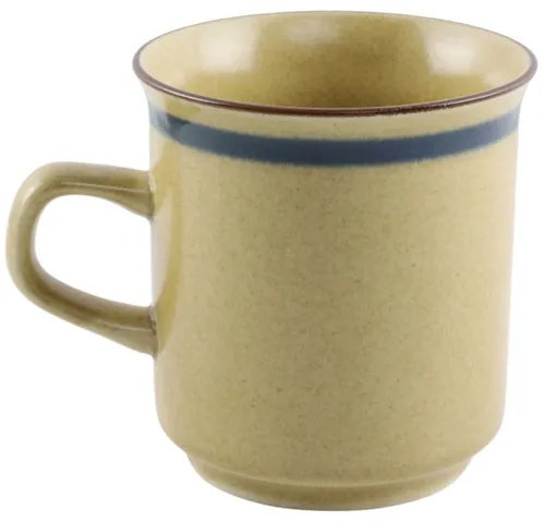 Cream Tan Stoneware Mug With Blue Band