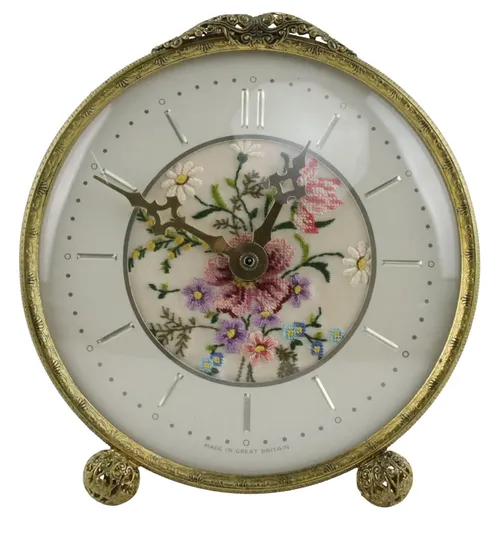Brass Cased Table Clock With Embroidered Florals