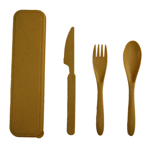 Mustard Yellow Speckled  Fork / Knife / Spoon Plastic Travel Set