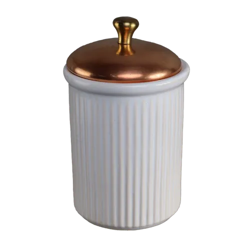 White Vertical Line Ceramic Canister With Copper Lid - Small