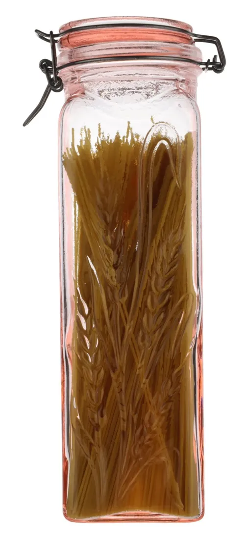 Clear Pink Glass Harvest Canister With Clamping Lid With Spaghetti