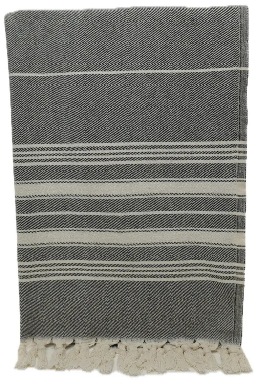 Muted Black & White Stripes Throw Blanket With White Tassel Trim