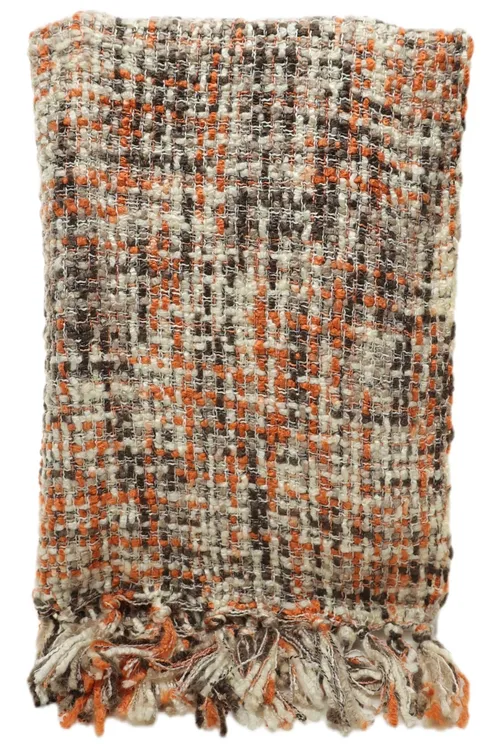 Cream & Orange & Brown Throw Blanket With Fringe Trim