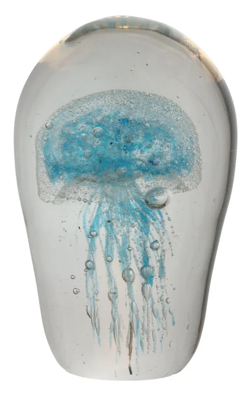 Tall Blown Glass Paperweight With Blue Jellyfish