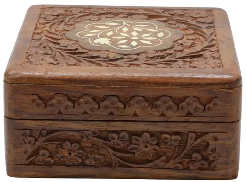 Square Wood Carved Box With Lid