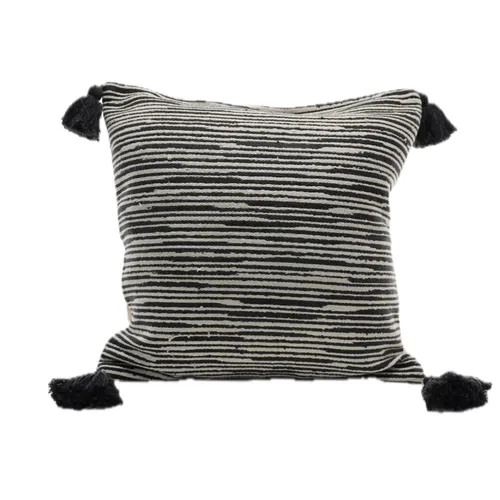Black & White Stripe With Black Tassels Throw Pillow