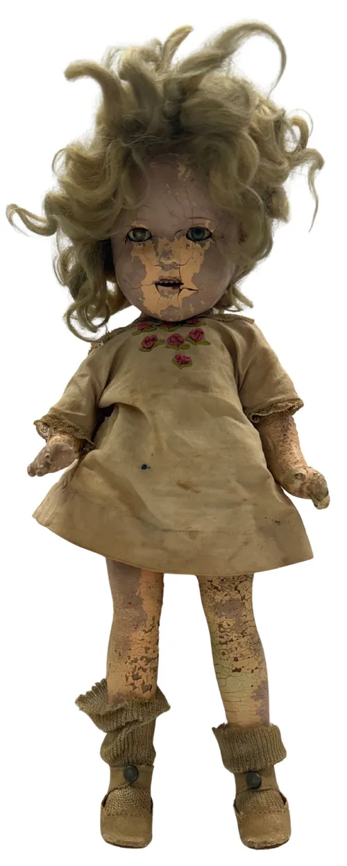 Antique Composition Doll With Beige Floral Dress