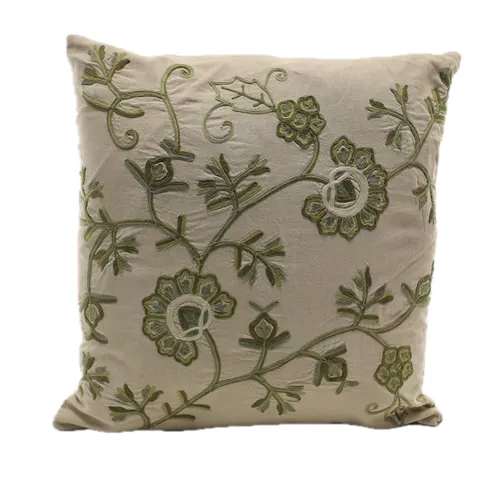 Beige & Green Embroidered Florals Throw Pillow