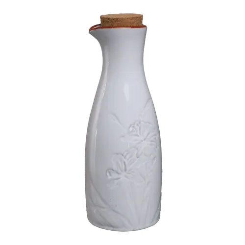 White Ceramic Embossed Floral Motif Oil Bottle