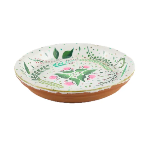 Painted Terra-cotta Plant Pot Saucer With Flowers & Vines 