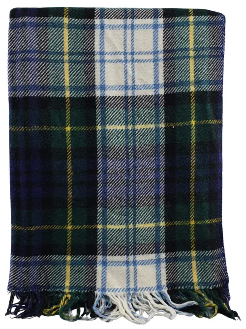 Green & Blue & Yellow Tartan Wool Blanket With Fringe