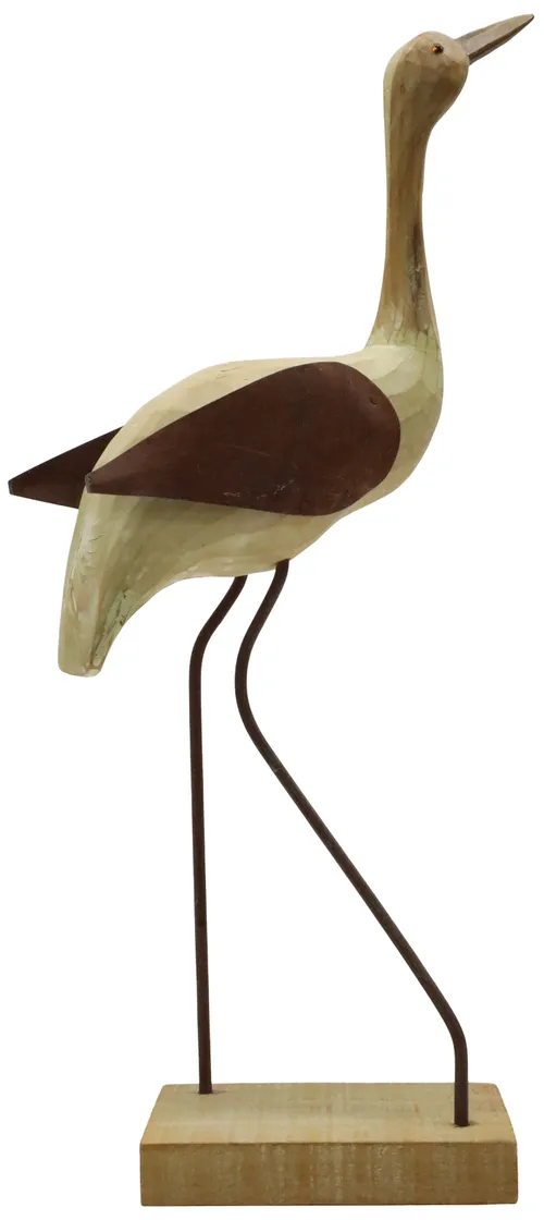 Carved Wood Heron Bird On Wood Stand